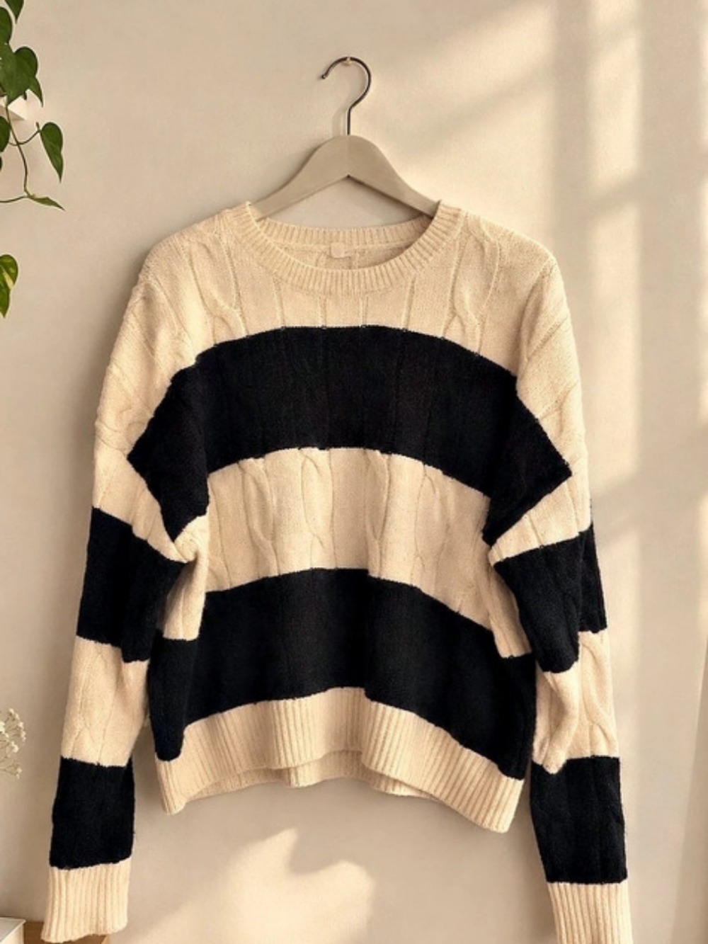 Navy & Cream Striped Cable Knit Sweater | Fall/Winter Cozy It-Girl🍂
